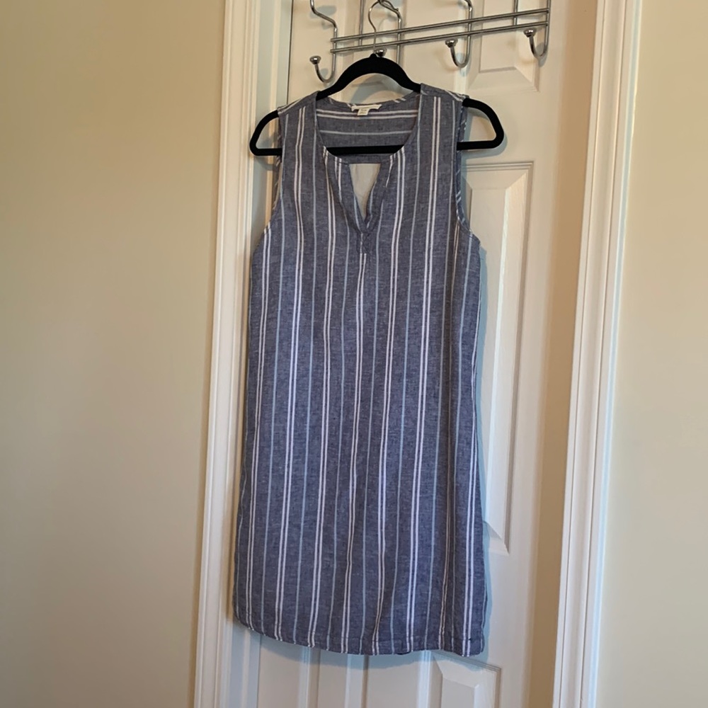 Beach Lunch Lounge - Blue & White Stripe Linen Sleeveless Dress